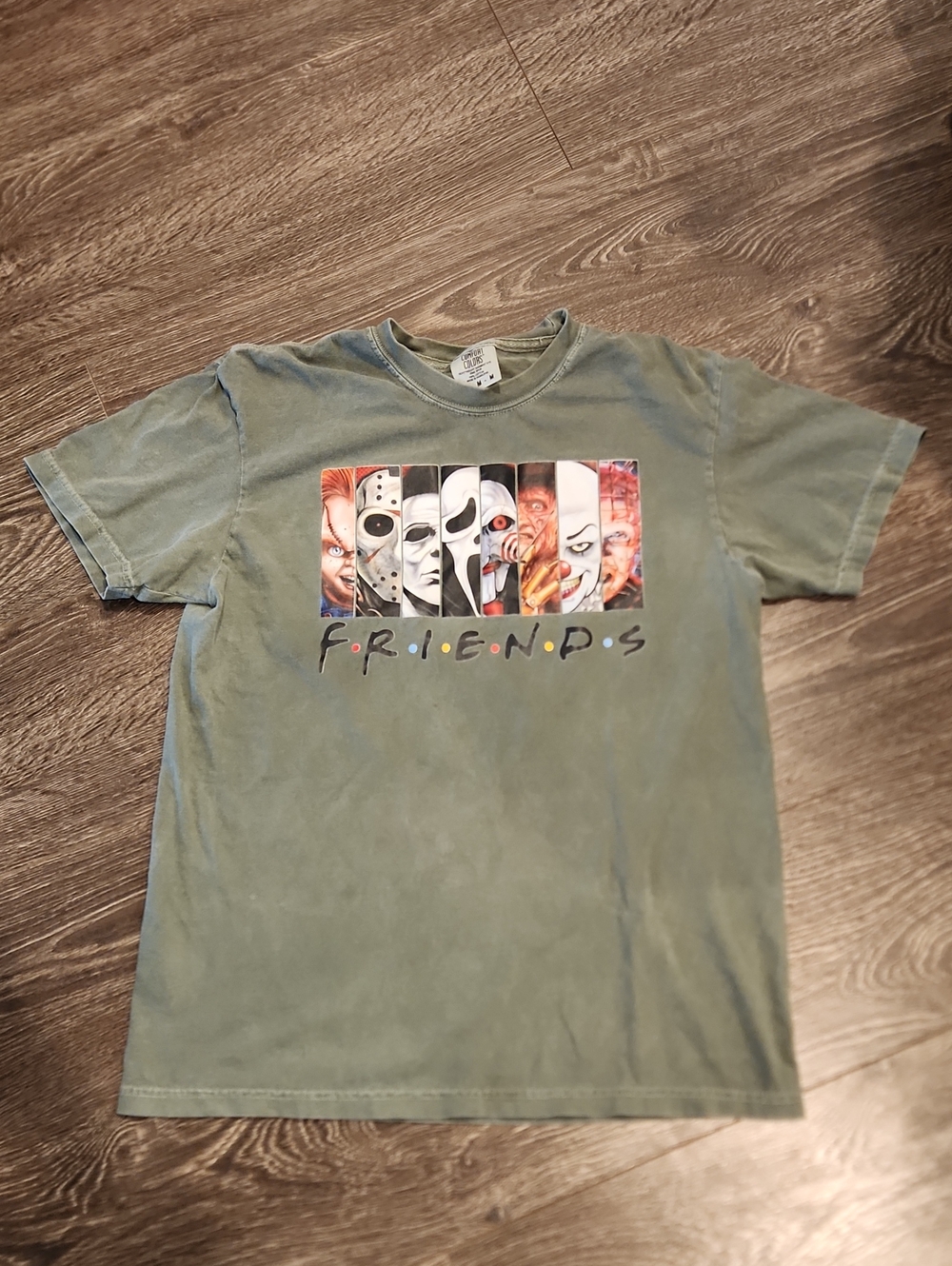 Comfort Colors Olive Green 'FRIENDS' Horror Faces Graphic Tee Medium